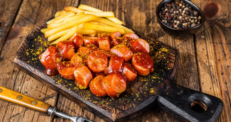 Currywurst Sausages Street Food Served French Fries Wooden Board