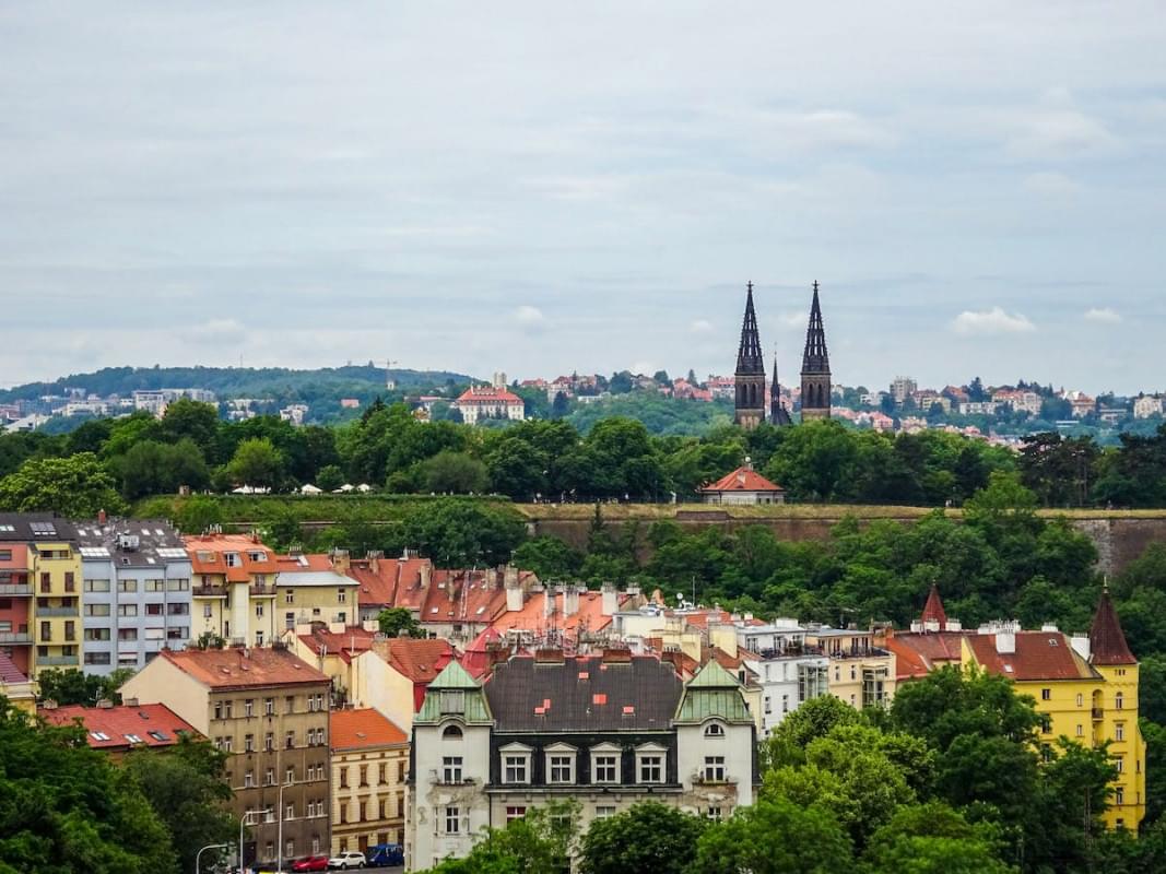 aerial view of prague with the view on the vysehrad castle