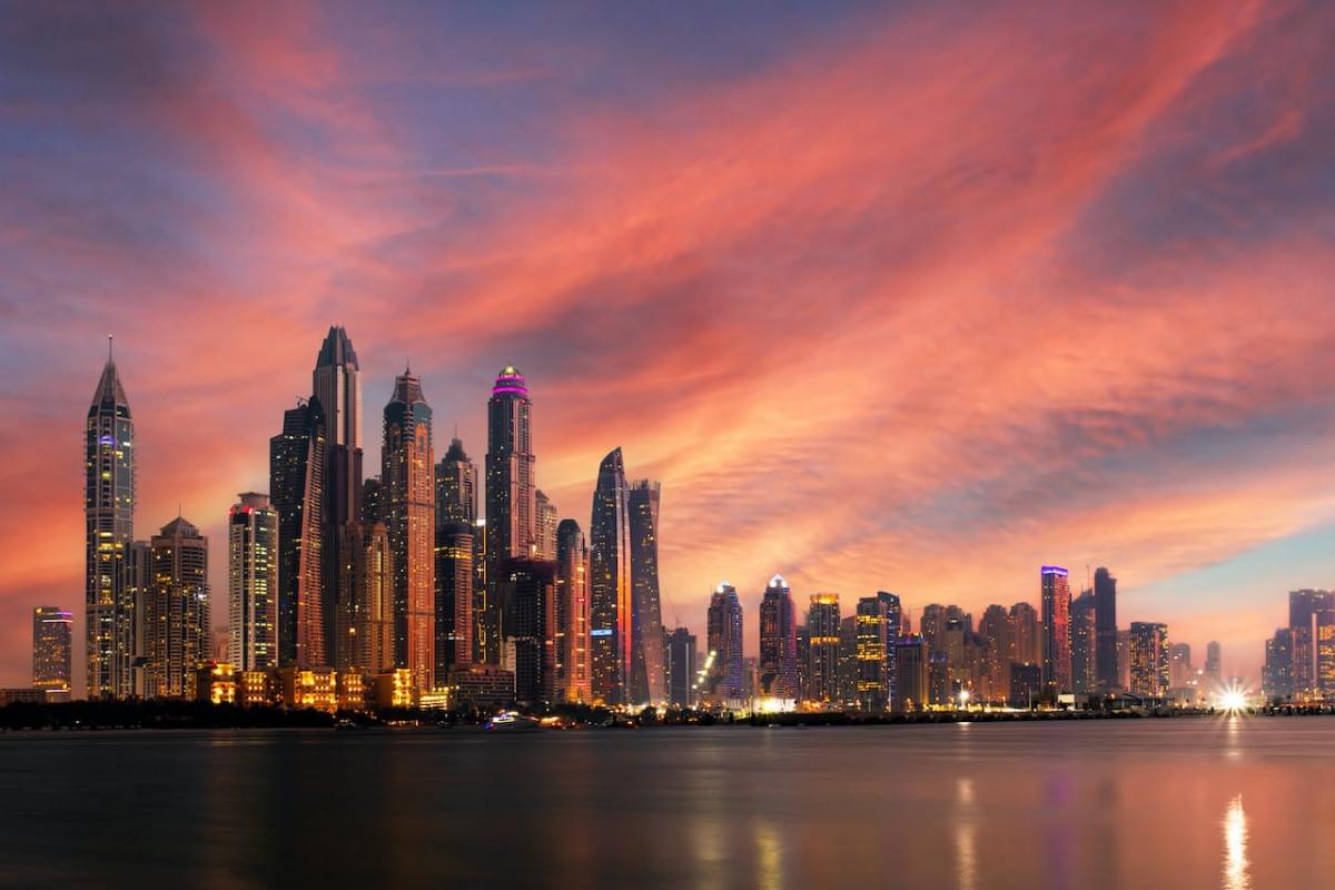 amazing dubai marina skyline at sunset united arab emirates