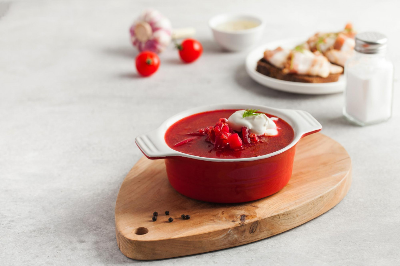 delicious fresh red borscht dark bread with lard salt kitchen table copy space