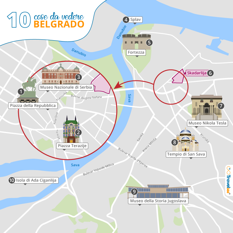 mappa principali attrazioni monumenti belgrado
