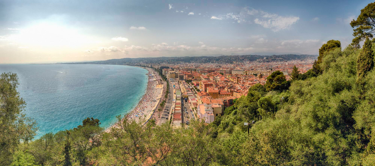panoramic aerial view waterfront promenade des anglais from castle hill nice cote d azur france