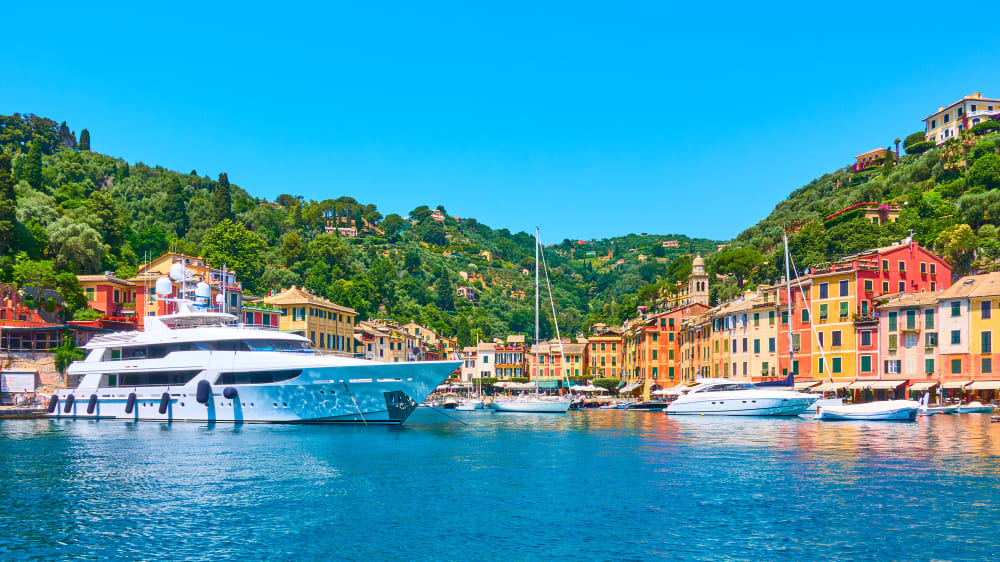 panoramic view small port with yachts boats portofino town liguria italy