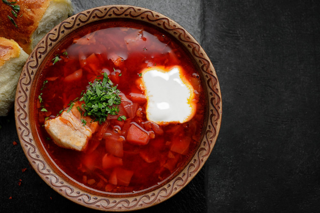 red borscht with buns with garlic sour cream