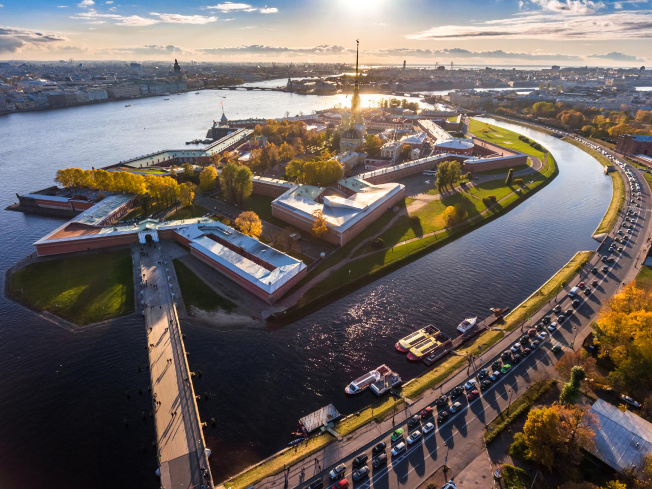 russia st petersburg aerial landscape peter paul cathedral sunset walls fortress golden