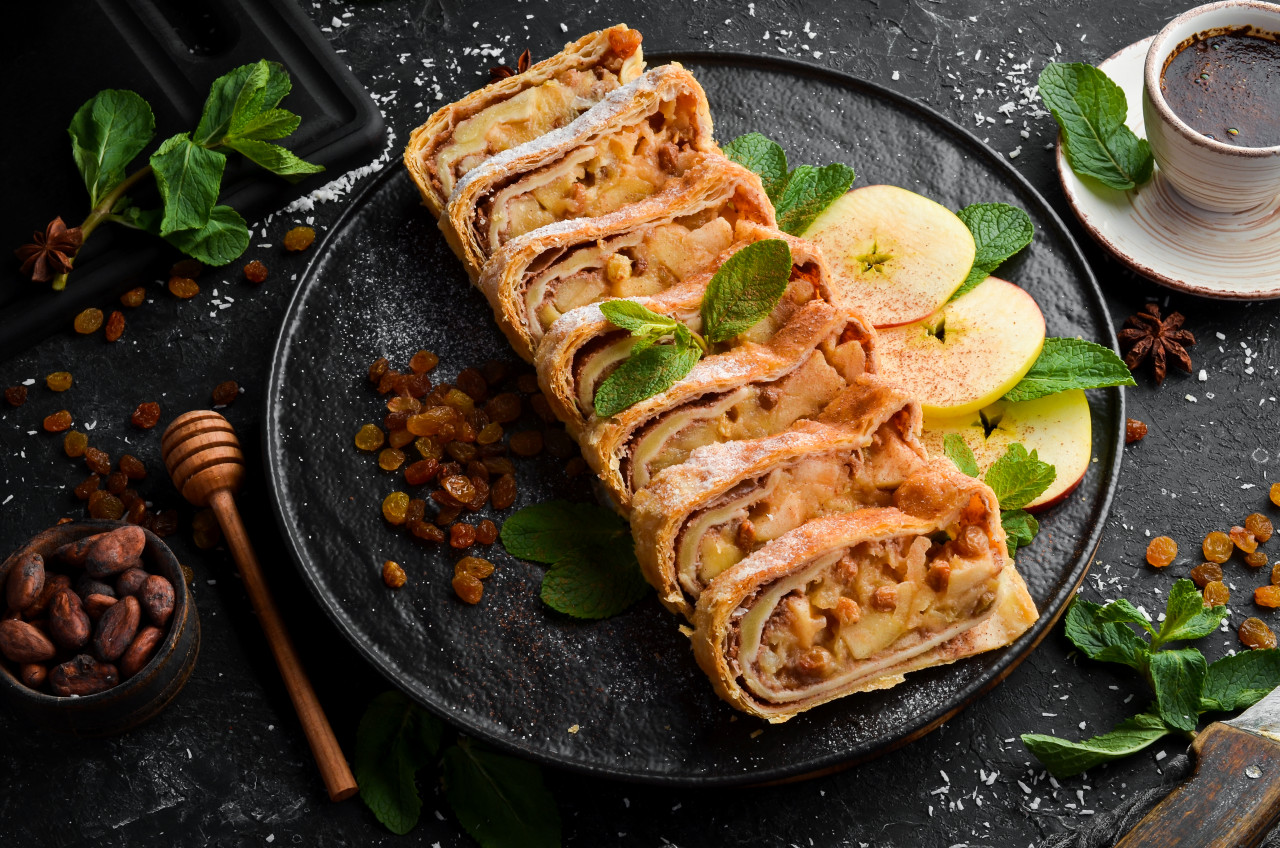 sweet strudel with apples dried fruits top view free copy space 1