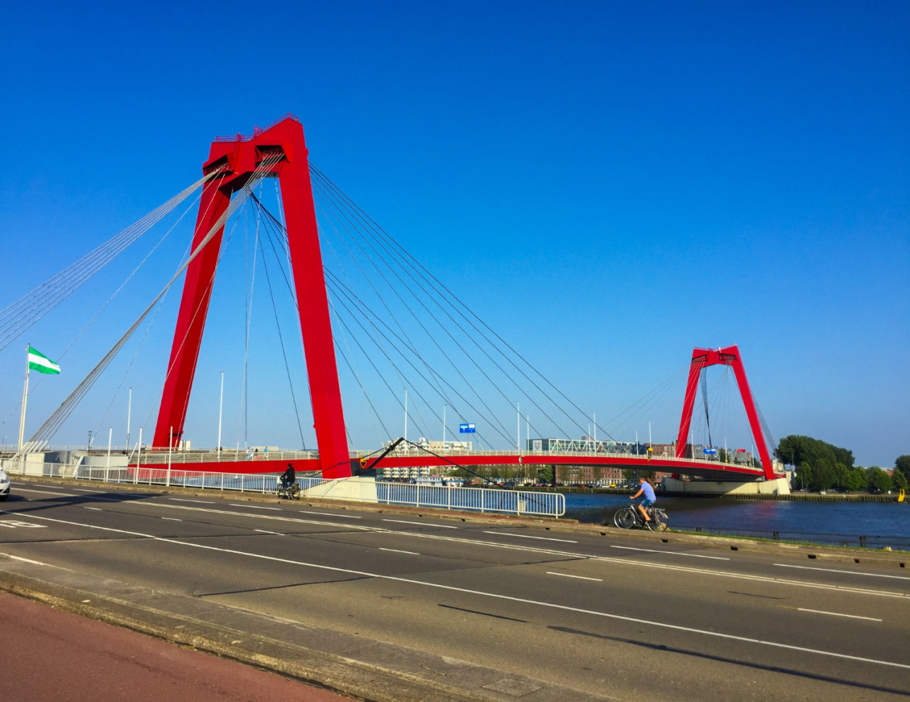 willemsbrug bridge spanning nieuwe maas river rotterdam netherlands red bridge pylons
