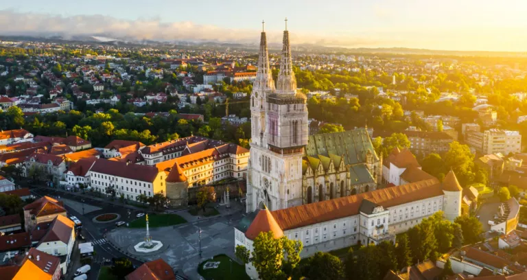 Aerial View Cathedral Zagreb Sunrise Croatia
