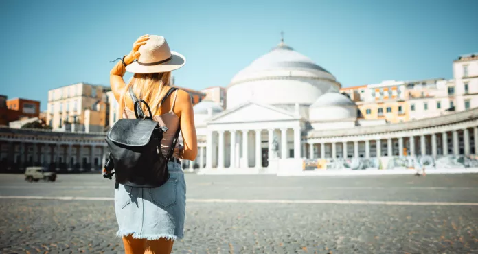 Attractive Girl Tourist Hat With Backpack Exploring New City Europe Summer