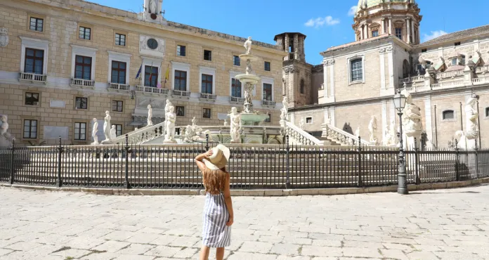 Back View Young Beautiful Woman Walking Near Monumental Praetorian Fountain Palermo Italy