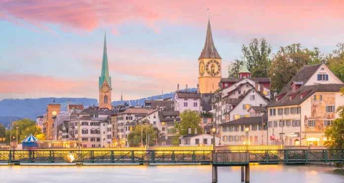 Beautiful View Historic City Center Zurich Sunset Switzerland