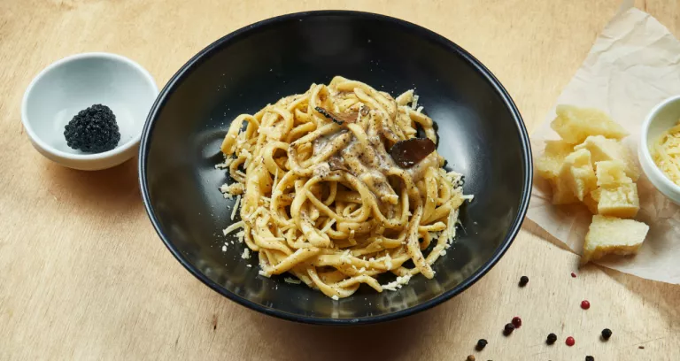 Classic Homemade Pasta With Black Truffle Parmesan Mushrooms Black Bowl Traditional Italian Cuisine