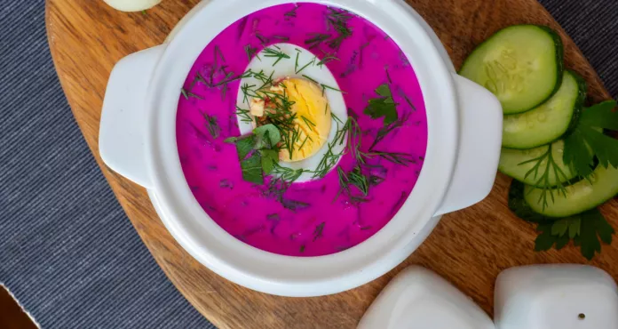 Close Up Cold Chlodnik Soup Wooden Board Soup Polish Belarusian Russian Cuisine Made Beetroot Kefir Decorated With Half Egg Healthy Food Top View Flat Lay