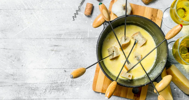 Delicious Fondue Cheese With Bread White Wine Rustic Background 1