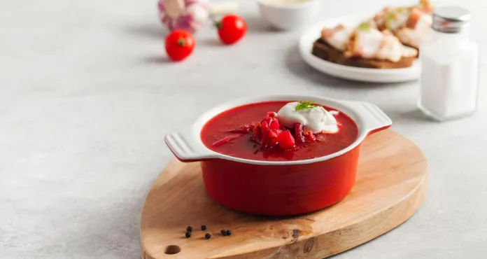 Delicious Fresh Red Borscht Dark Bread With Lard Salt Kitchen Table Copy Space
