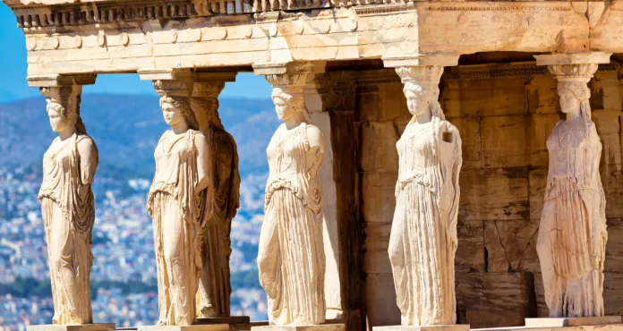 Detail Caryatid Porch Acropolis Athens Greece Ancient Erechtheion Erechtheum Temple World Famous Landmark Acropolis Hill