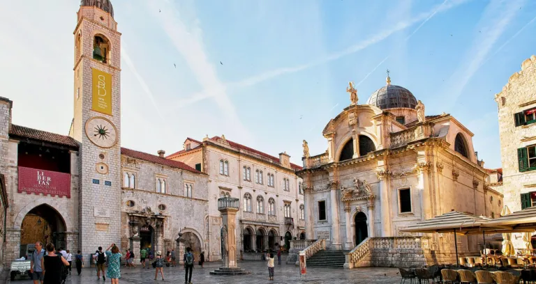 Dubrovnik Croatia August 20 2016 St Blaise Church Belfry Stradun Street Old City Dubrovnik Croatia People Background