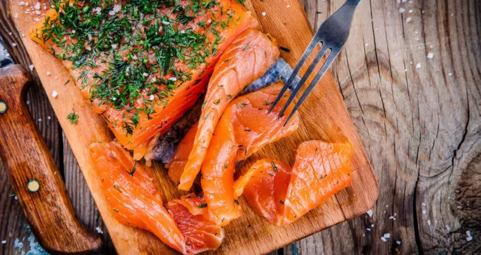 Homemade Smoked Salmon With Dill Wooden Table