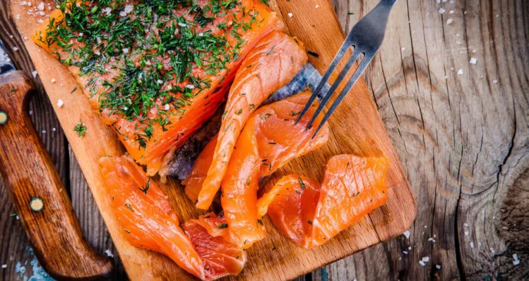 Homemade Smoked Salmon With Dill Wooden Table