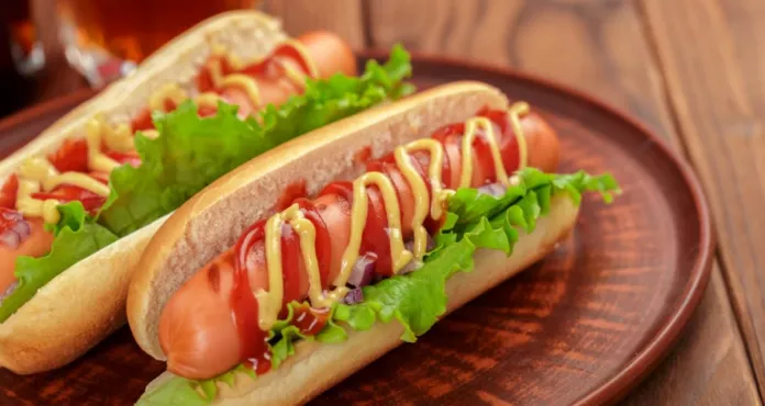 Hot Dogs Wooden Background