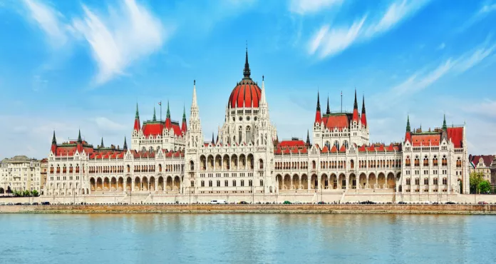 Hungarian Parliament Daytime Budapest View From Danube Riverside Hungary 1