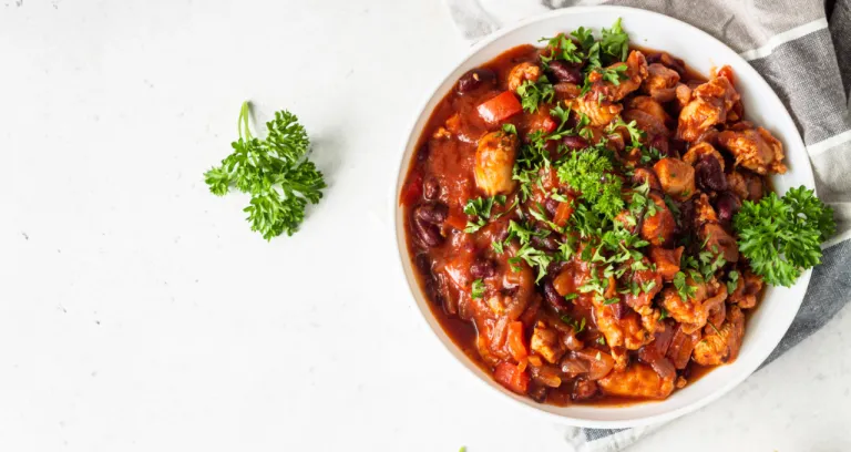 Meat Stew With Red Beans Bell Pepper Onion Tomato Sauce White Plate Light Grey Slate