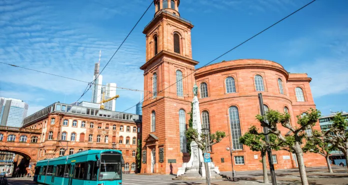 Morning View Pauls Church With Tram Old Town Frankfurt City Germany