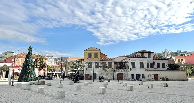 Old Town Vlore Albania December 2022 Plaza And Christmas Tree