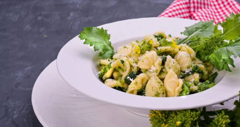 Orecchiette Alla Pugliese Homemade Italian Pasta Orecchiette With Turnip Tops Traditional Food South Italy White Background Copy Space