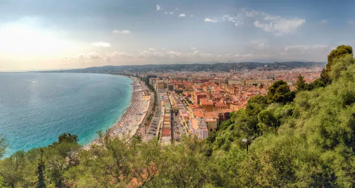 Panoramic Aerial View Waterfront Promenade Des Anglais From Castle Hill Nice Cote D Azur France