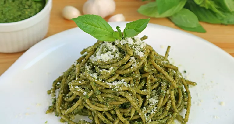 plate delicious homemade pesto sauce wholemeal spaghetti with fresh ingredients background