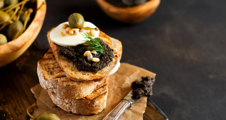 Sandwich With Slice Mozzarella Cheese Tapenade Caper Dark Rustic Table Background Traditional Provence Dish Selective Focus