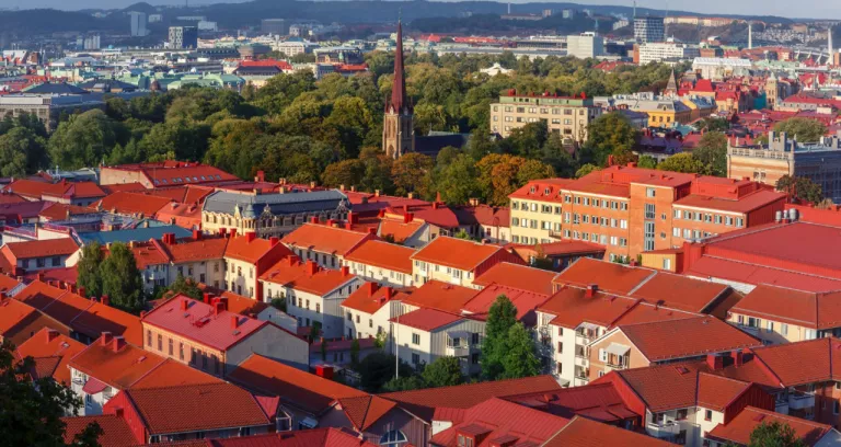 Scenic Aerial View Old Town With Haga Church Red Roofs Sunset Gothenburg Sweden