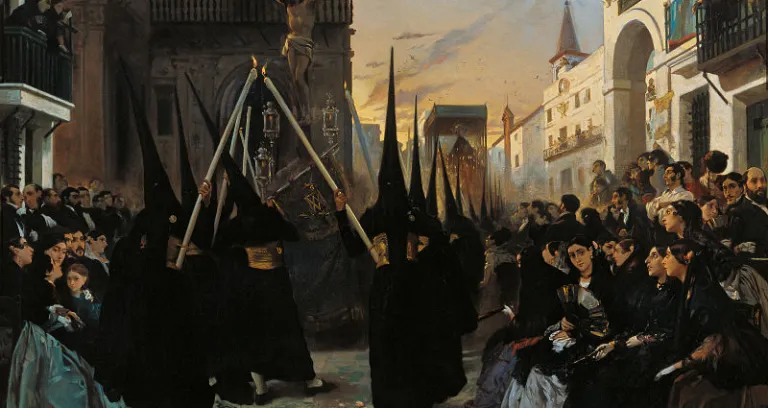 Alfred Dehodencq A Confraternity In Procession Along Calle Genova