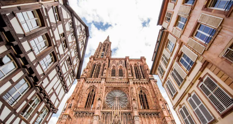 Street View From Beautiful Old Buildings Notre Dame Cathedral Strasbourg City France