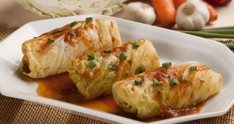 Stuffed Cabbage Rolls With Rice Meat Tomato Sauce