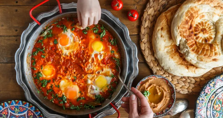 Tasty Family Breakfast With Shakshuka Bread Hummus Rustic Style