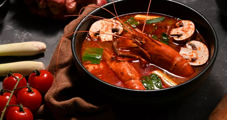 Tasty Tom Yam Kung Spicy Thai Soup With Shrimps Mushroom