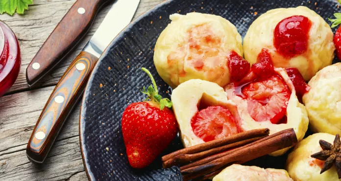 Traditional European Dumplings With Berries Dumplings With Strawberries Knedlik Cottage Cheese Dumplings With Strawberry