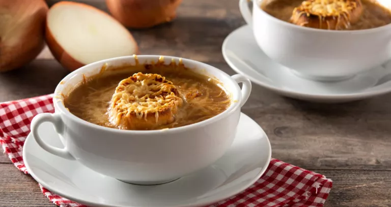 Traditional French Onion Soup Wooden Table