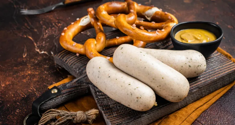Traditional German Pretzel With White Sausage Mustard Dark Background Top View