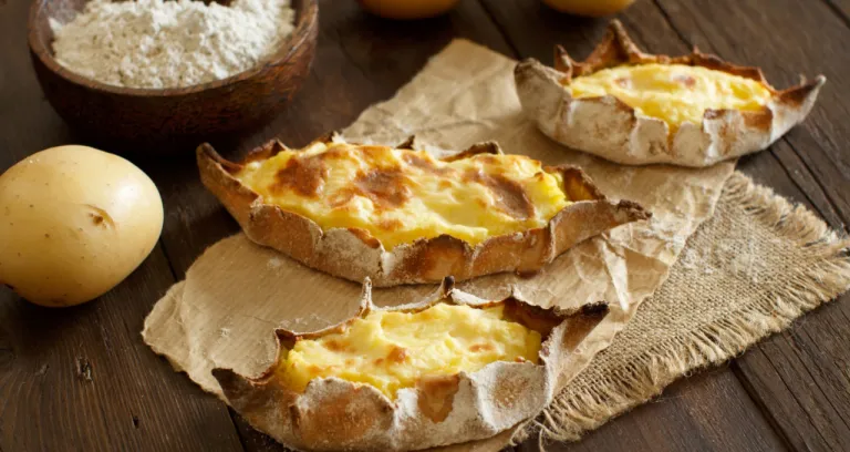 Traditional Karelian Pasties With Potatoes Wooden Table