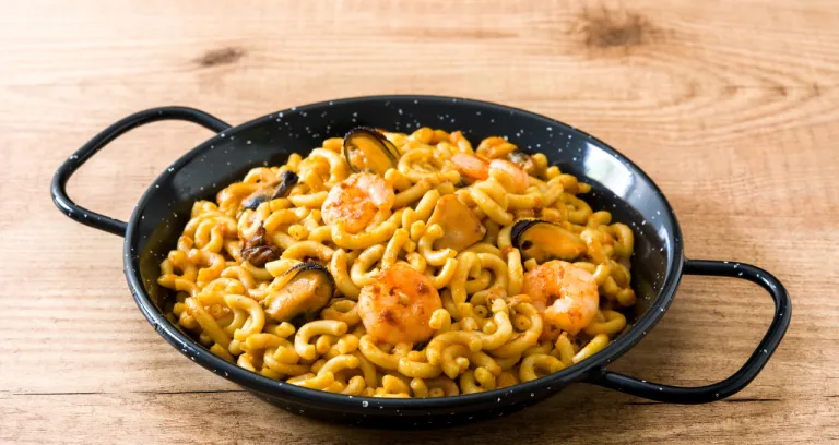 Traditional Spanish Fideua Noodle Paella Wooden Table