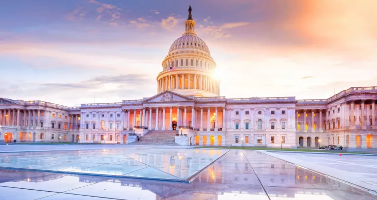 United States Capitol Building With Dome Lit Up Night 1