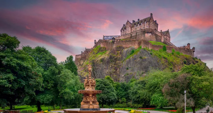 view edinburgh castle from princes street gardens with ross fountain foreground 1
