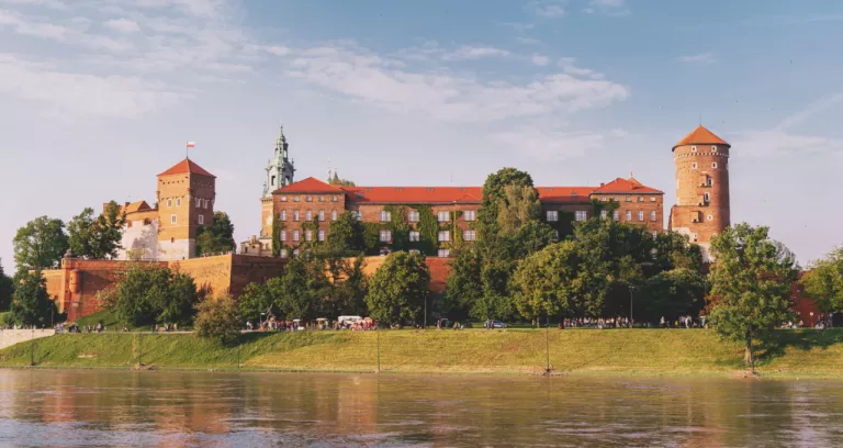 View Wawel Castle Cracow City Krakow Poland Reflected Vistula River Sunny Summer Day 1