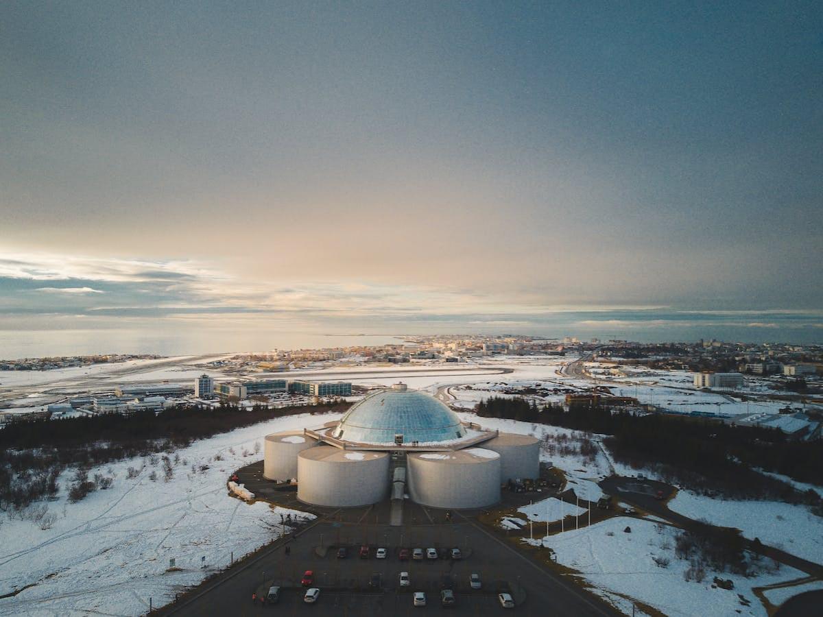 aerial photo of the perlan museum in reykjavik iceland