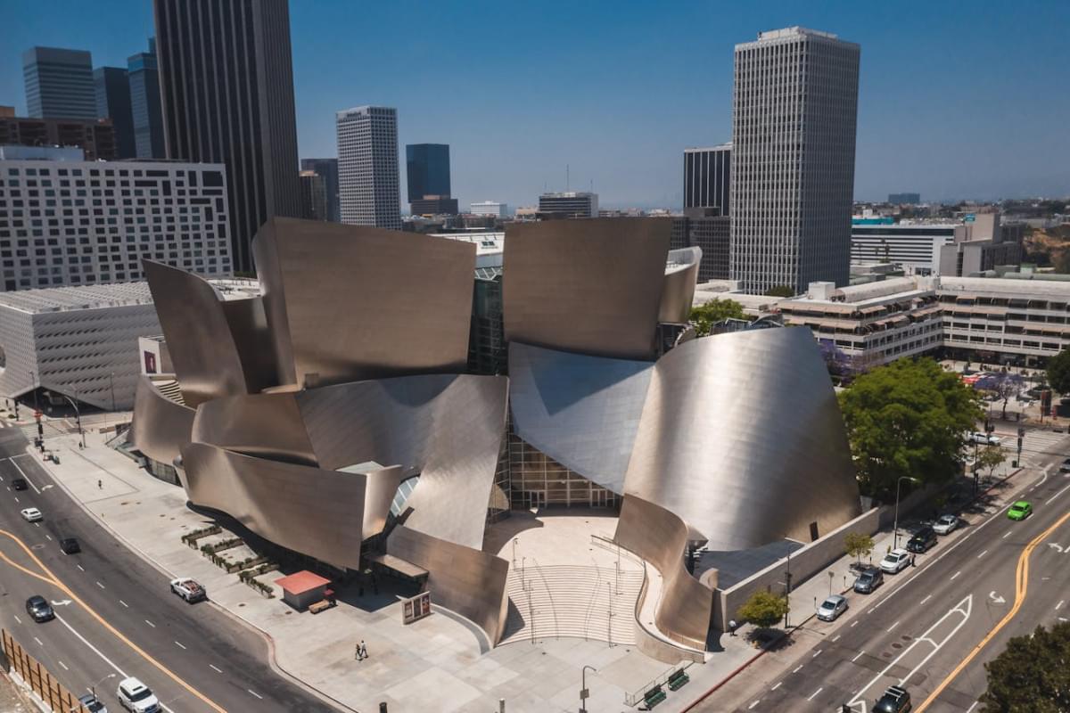 aerial shot of city walt disney concert hall los angeles california usa