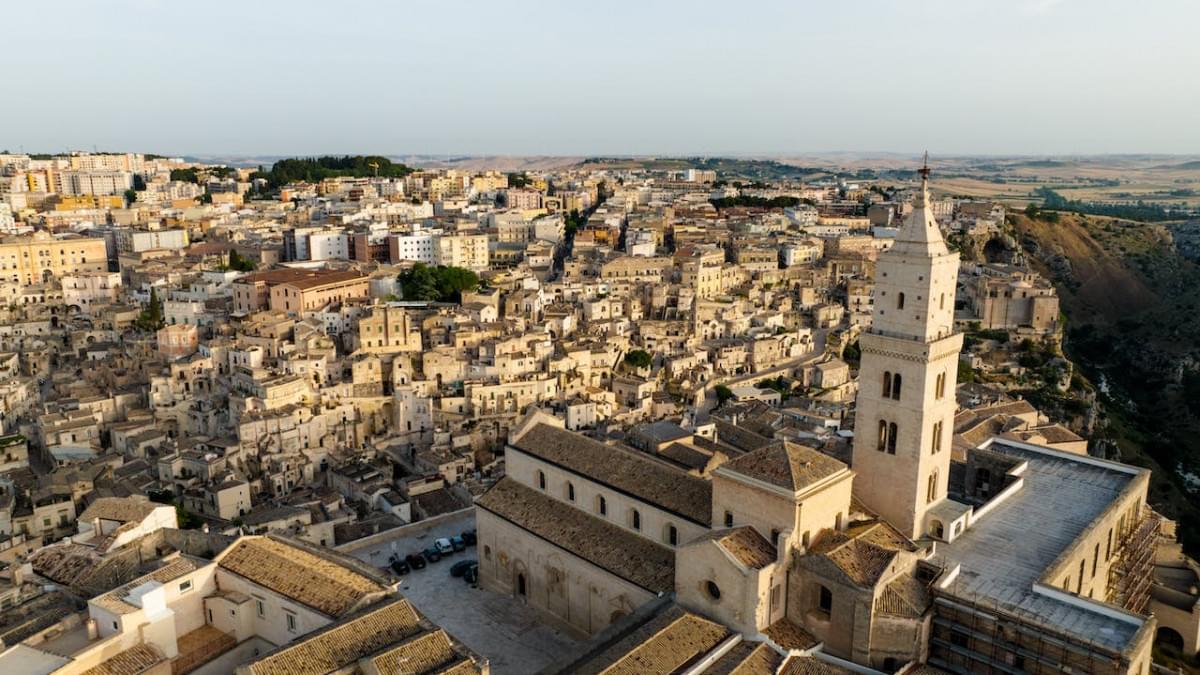 aerial shot of the city of matera italy
