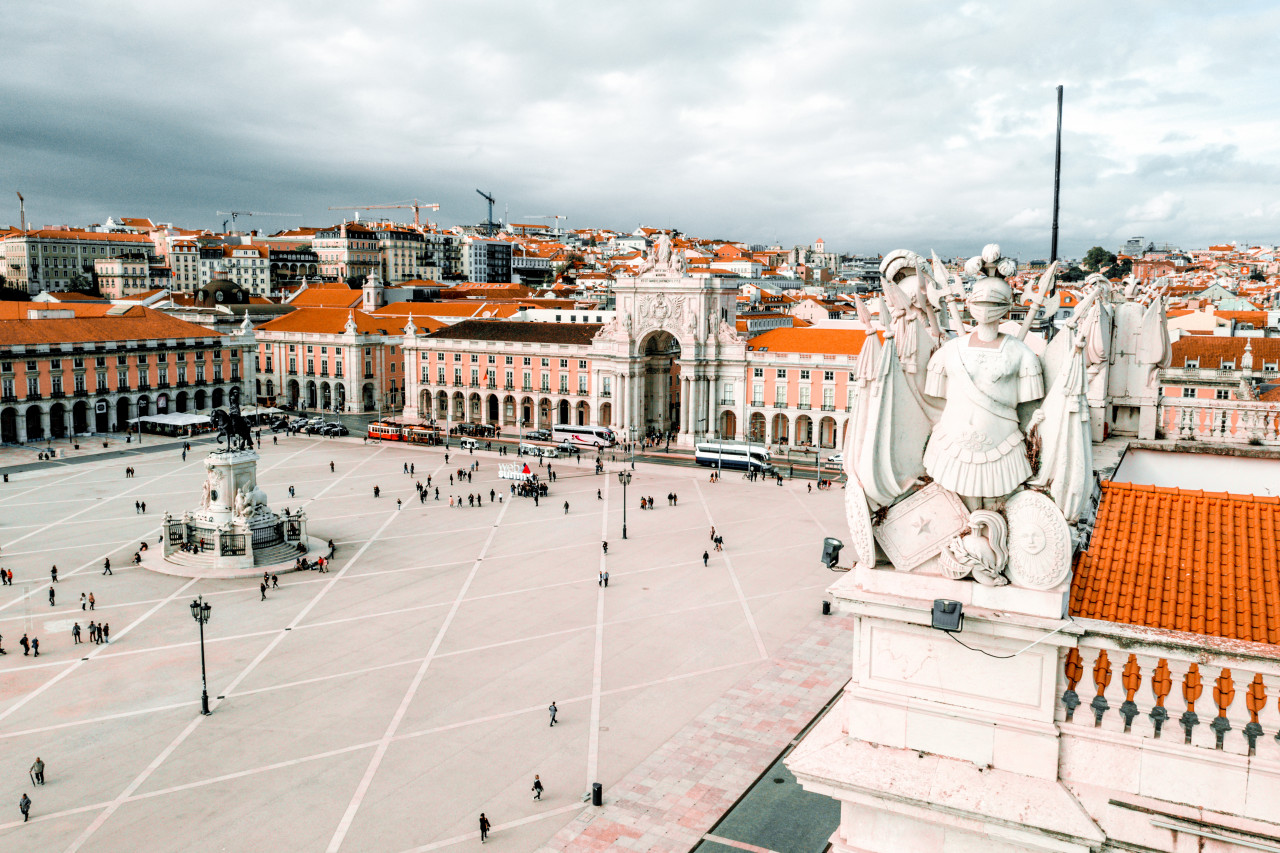 aerial shot praca comercio square lisbon portugal